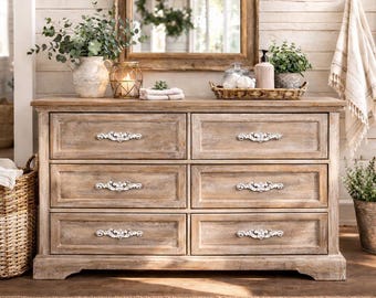 Zestaw 6 białych żeliwnych uchwytów do szuflad, 6,25”, uchwyty do szafek w stylu rustykalnym Shabby Chic, odległość między środkami 3,25”, w zestawie śruby