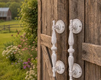 Set of 2 Large Heavy Duty Distressed White Cast Iron Barn Door Handles 9 1/4”, Ornate Pulls