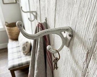 Set of 2 Large Distressed White Cast Iron Double Wall Hooks 7”, Farmhouse Coat Hangers
