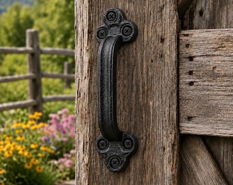 Black Cast Iron Barn Door Handle 8 3/4” Long, Heavy Duty Rustic Gate Pull, Farmhouse Shed Door Handle
