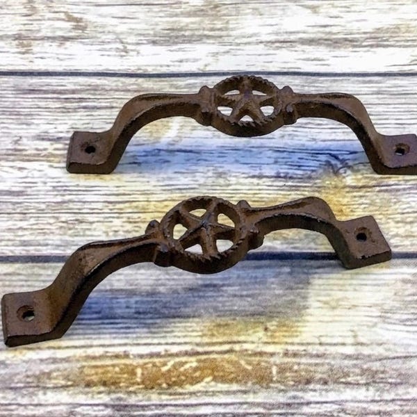 Set of 2 Brown Cast Iron Star Handles 6.25” Long, Rustic Farmhouse Drawer Pulls, Western Cabin Cabinet Hardware