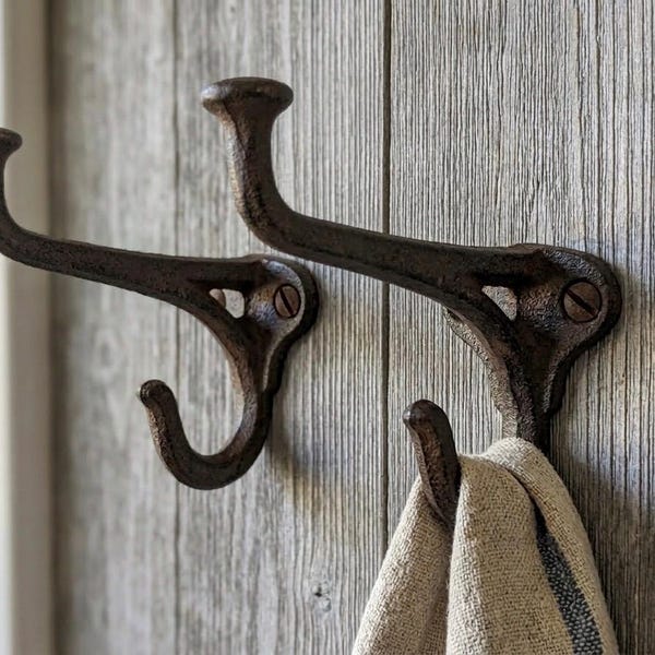 Cast Iron Tack Saddle Hooks Set of 2, Brown Horse Bridle Wall Hooks, Rustic Barn Hooks