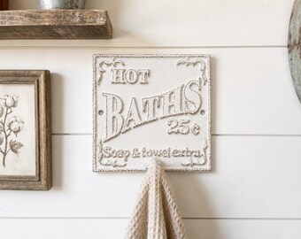 Heavy Duty Distressed White Cast Iron Hot Baths Hook, Farmhouse Bathroom Towel Hanger