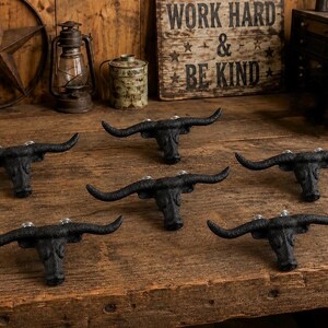 Juego de 6 tiradores de hierro fundido negro con forma de toro Longhorn de 4 1/2”, estilo Western Cabinet Pulls
