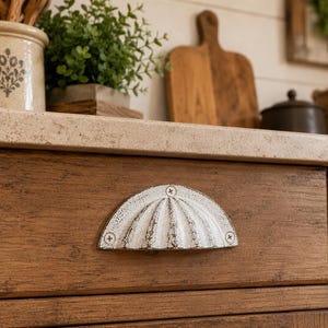 White Cast Iron Cup Pull 4”, Antique Style Shell Bin Pull, Rustic Farmhouse Drawer Handle