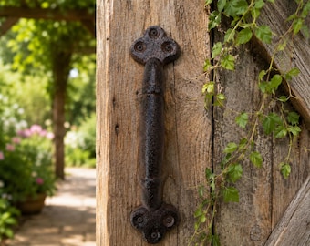 Puxador de porta de celeiro em ferro fundido marrom, 23 cm de comprimento, resistente, rústico, para portão ou porta de galpão de fazenda.