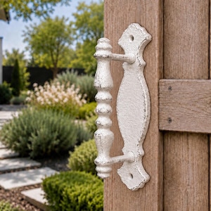 May include: A white, distressed-finish metal door handle with a decorative, elongated backplate featuring ornate, curved edges. The handle has a central grip with a series of horizontal ridges and is mounted onto a vertical wooden door panel.
