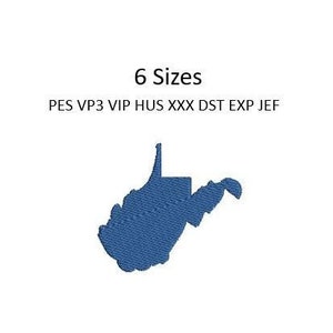 May include: A blue silhouette of the state of West Virginia. The text "6 Sizes" and "PES VP3 VIP HUS XXX DST EXP JEF" is below the silhouette.