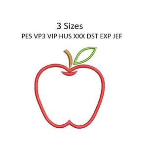 May include: Red apple outline embroidery design with a green leaf and brown stem.  3 Sizes: PES VP3 VIP HUS XXX DST EXP JEF