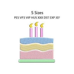 May include: A three-layered cake with pink, yellow, and blue frosting. Four pink candles with yellow flames are on top of the cake. The cake is on a green base. 5 Sizes PES VP3 VIP HUS XXX DST EXP JEF