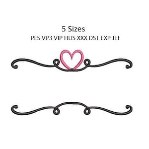 May include: Black and white embroidery design of a heart with swirls on either side. The design is available in five sizes: PES, VP3, VIP, HUS, XXX, DST, EXP, and JEF.