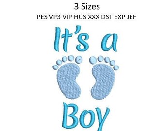 May include: A digital embroidery design in shades of blue, featuring the phrase "It's a Boy" with baby footprints. The design includes the text "3 Sizes" and various file formats.