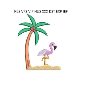 Flamingo Palm Tree Embroidery Design Palmtree Beach Towel Machine Embroidery Pattern 4x4 Hoop MULTIPLE FORMATS Download