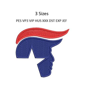 K&ouml;nnte beinhalten: Eine blaue und rote Silhouette eines Personenkopfes mit einer roten Welle dar&uuml;ber. Der Text "3 Sizes" und "PES VP3 VIP HUS XXX DST EXP JEF" befindet sich unter dem Bild.
