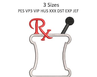 Diseño de bordado de mortero y maja RX, monograma de farmacéutico, patrón de máquina de fregado, descarga