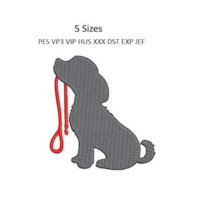 Puede incluir: Una silueta gris de un perro sentado y sosteniendo una correa roja en su boca. El texto "5 Sizes" y "PES VP3 VIP HUS XXX DST EXP JEF" está debajo de la imagen.