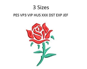 Könnte beinhalten: Ein Stickdesign einer roten Rose mit grünem Stiel und Blättern. Das Bild enthält den Text "3 Größen" und Dateityp-Abkürzungen. Dieses florale Design eignet sich für verschiedene Stickprojekte.