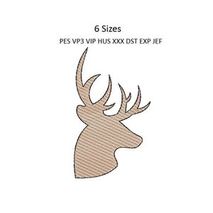 Puede incluir: Una silueta marrón de una cabeza de ciervo con cuernos. La imagen incluye el texto "6 Sizes" y "PES VP3 VIP HUS XXX DST EXP JEF".