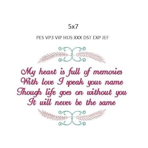 Memorial Memory Kissen Gedicht Stickdatei Heirloom Maschinenmuster 13x18 Hoop Download