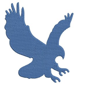 May include: A blue silhouette of an eagle with its wings spread out, flying in a downward direction.