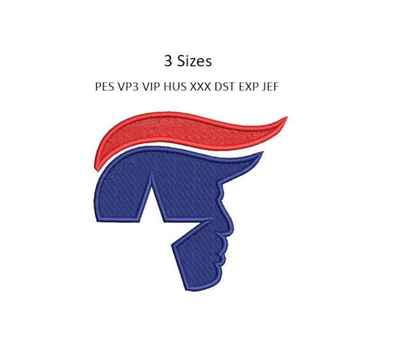 K&ouml;nnte beinhalten: Eine blaue und rote Silhouette eines Personenkopfes mit einer roten Welle dar&uuml;ber. Der Text "3 Sizes" und "PES VP3 VIP HUS XXX DST EXP JEF" befindet sich unter dem Bild.