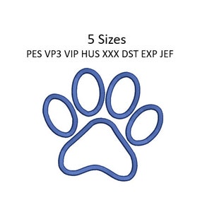 May include: Blue paw print outline embroidery design in five sizes: PES, VP3, VIP, HUS, XXX, DST, EXP, JEF.