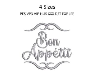 Bon Appetit Embroidery Design Pattern Kitchen Towel Embroidery 4 Sizes 4x4 Hoop, MULTIPLE FORMATS Download