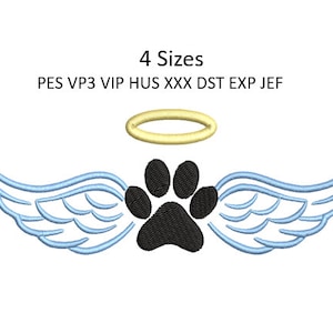 May include: Black paw print with a halo above it and blue angel wings on either side.  The text "4 Sizes" and "PES VP3 VIP HUS XXX DST EXP JEF" is below the image.