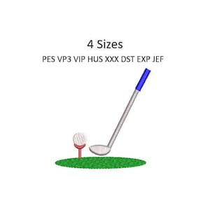 Könnte beinhalten: Ein Stickmuster eines Golfschlägers, der einen Golfball auf einem Grün trifft. Das Design ist in vier Größen und in folgenden Formaten erhältlich: PES, VP3, VIP, HUS, XXX, DST, EXP und JEF.