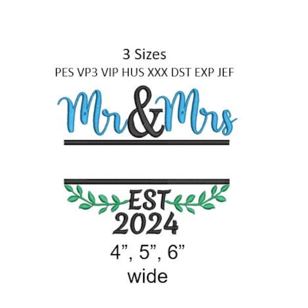 Mr Mrs Est 2024 Embroidery Design Wedding Pillow Machine Embroidery Pattern 3 Sizes MULTIPLE FORMATS Download