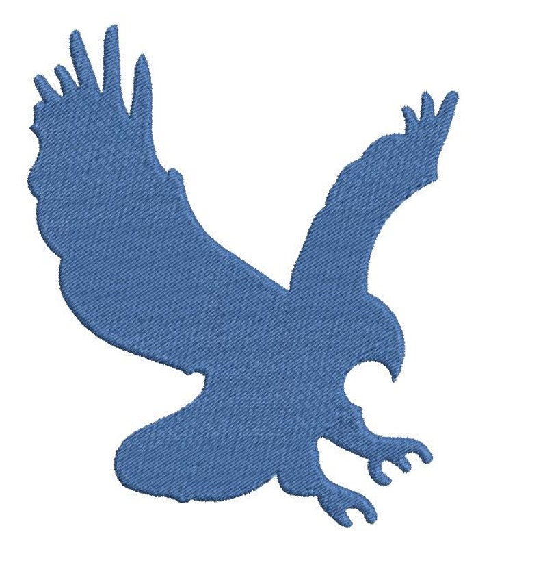 May include: A blue silhouette of an eagle with its wings spread out, flying in a downward direction.