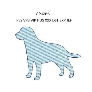 May include: A blue silhouette of a dog in a standing position. The dog is outlined in a dark blue color and filled with a light blue pattern. The image includes the text "7 Sizes" and "PES VP3 VIP HUS XXX DST EXP JEF".