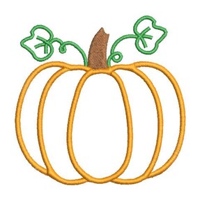 K&ouml;nnte beinhalten: Eine einfache Umrandung eines K&uuml;rbisses mit einem braunen Stiel und gr&uuml;nen Bl&auml;ttern. Der K&uuml;rbis ist orange und hat eine abgerundete Form.