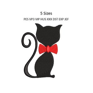 May include: Black silhouette of a cat wearing a red bow tie. 5 Sizes: PES VP3 VIP HUS XXX DST EXP JEF