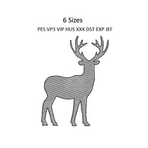 May include: A gray silhouette of a deer with antlers. The deer is standing on a white background. The image is for embroidery and includes the text "6 Sizes" and "PES VP3 VIP HUS XXX DST EXP JEF".