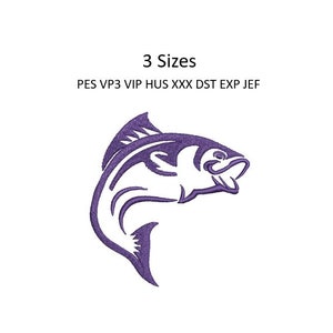 Könnte beinhalten: Lilafarbener Umriss eines Fisches, der aus dem Wasser springt. 3 Größen PES VP3 VIP HUS XXX DST EXP JEF