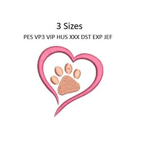 Dog Paw Heart Pawprint Embroidery Design Cat Paw Print Machine Embroidery Pattern 3 Sizes 4x4 Hoop MULTIPLE FORMATS Download