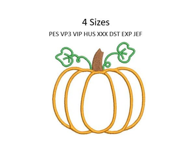 K&ouml;nnte beinhalten: Konturenstickmuster einer K&uuml;rbis mit Stiel und Bl&auml;ttern. Das Design ist in vier Gr&ouml;&szlig;en erh&auml;ltlich: PES, VP3, VIP, HUS, XXX, DST, EXP und JEF.