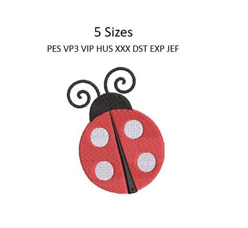 Puede incluir: Dise&ntilde;o de bordado de mariquita roja con contornos negros y puntos blancos. 5 tama&ntilde;os: PES VP3 VIP HUS XXX DST EXP JEF