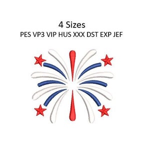 May include: Red, white, and blue fireworks embroidery design with four red stars. PES VP3 VIP HUS XXX DST EXP JEF. 4 Sizes.