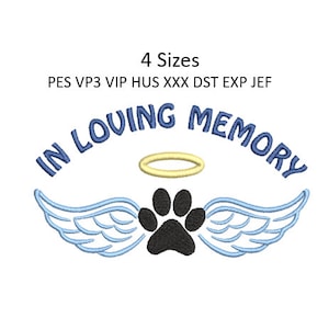 Pet Memory Embroidery Design Dog Cat Memorial Pawprint Angel Wings Embroidery Pattern 4 Sizes MULTIPLE FORMATS Download