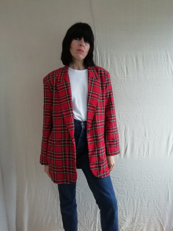 Womens red tartan /plaid oversized blazer jacket