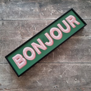 Bonjour | Framed Print | Framed Metal Print | Typography | Metal | Gallery Wall | Wall Art | Bold Prints | Colourful | Bar Sign | Wordart