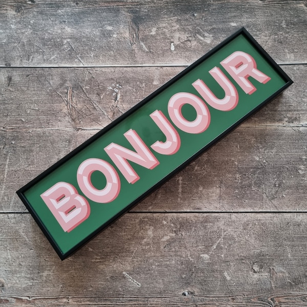 Bonjour Framed Metal Print: Colorful Bar Sign Wall Art