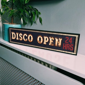 Disco Open 24/7 | Bar Sign | Framed Metal Print | Retro | Gallery Wall | Wall Art | Vintage | Circus Theme | Bar Sign | Decor