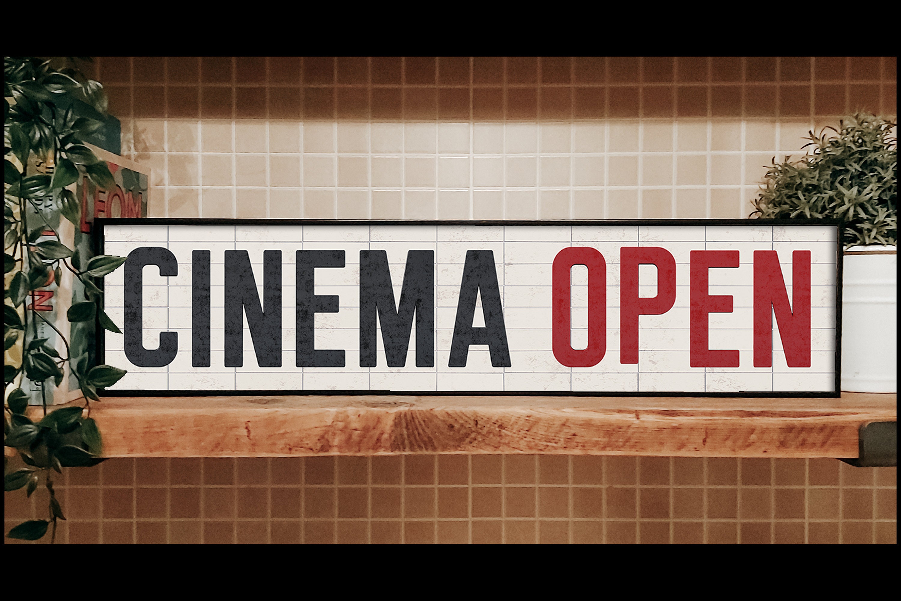 LARGE Cinema Open | Film and Movie | Framed Metal Print | Retro | Gallery Wall | Wall Art | Vintage | Home Theatre | Bar Sign | Decor