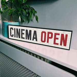 Cinema Open Sign: Retro Framed Metal Print, Home Theater Decor