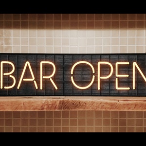 Framed Bar Open Sign: Retro Neon Style Metal Print