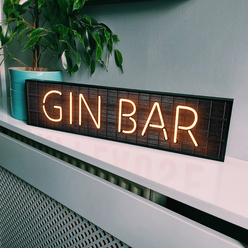 Gin Bar Sign Framed Neon Style Font Print Metal Print Etsy