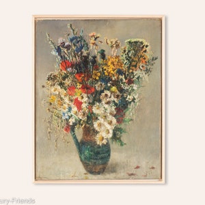 Colorful Art Déco Flower Bouquet, Oil on Plate, 53 x 68 cm, Original Oil Painting, Vintage Art, Marguerites, Poppy Flowers, Buttercup Flower